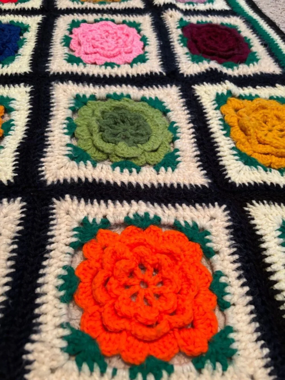 Handmade Crochet Afghan Blanket With 3D Floral Squares Multicolor Design Large T
